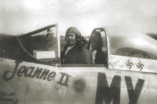 Lt. Col. Huie Lamb pictured in his P-51D Mustang “Etta Jeanne II” — classic WW2 American fighter pilot portrait.