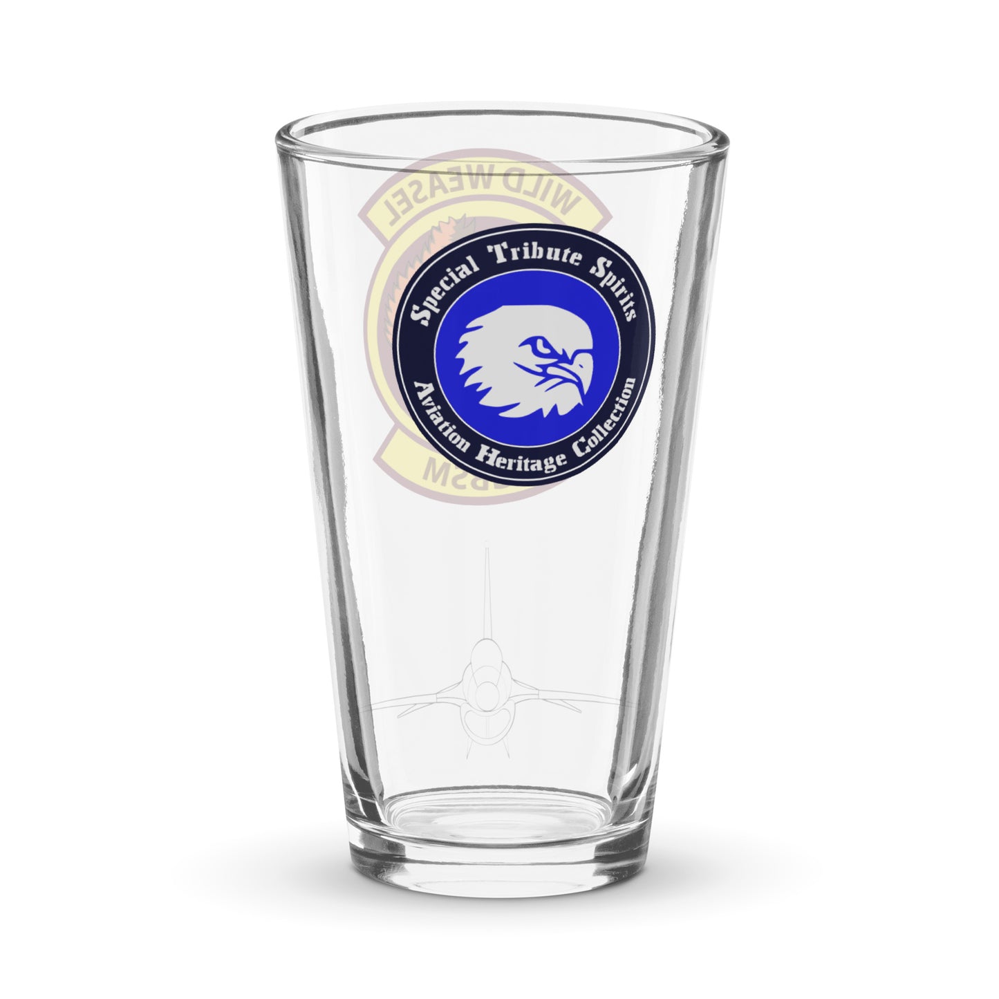 Special Tribute Spirits logo on F-16 Wild Weasel pint glass - military aviation gift for a veteran of the Air Force.