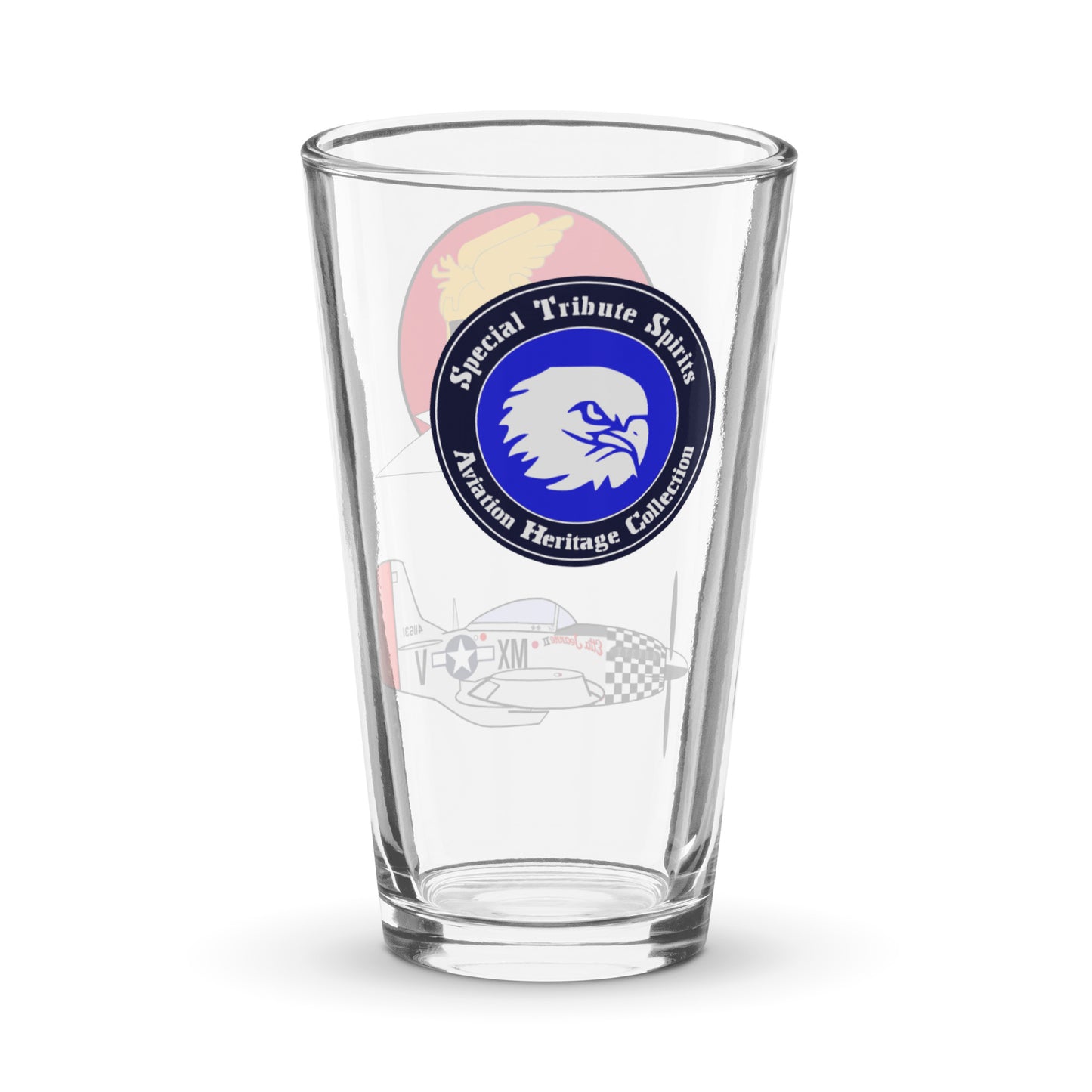Special Tribute Spirits logo on reverse of P-51 Mustang pint beer glass honoring WWII Ace Lt. Col. Huie Lamb of the 82nd Fighter Squadron. Aviation memorabilia gift for military collectors.
