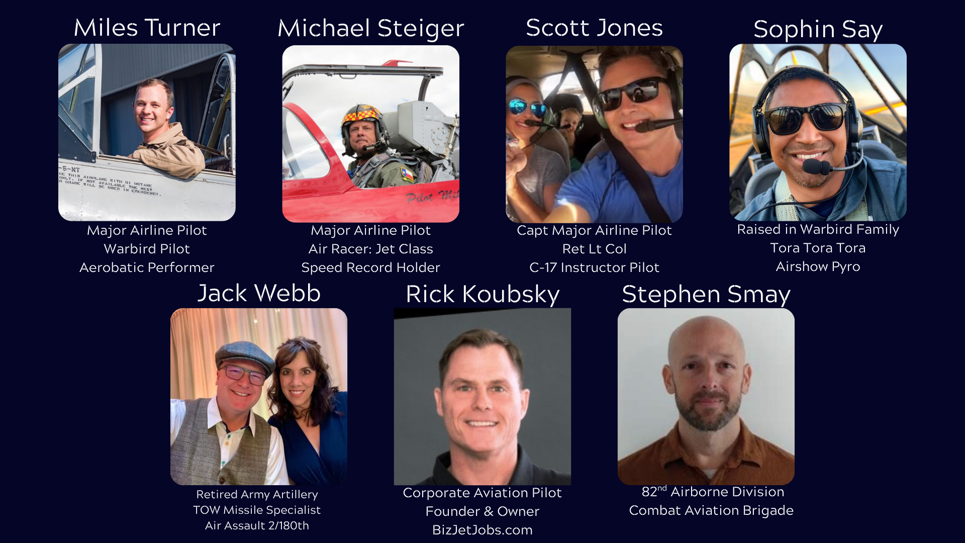 Headshots of Special Tribute Spirits' Board Members: Miles Turner, Michael Steiger, Scott Jones, Sophin Say, Jack Webb, Rick Koubsky, and Stephen Smay.