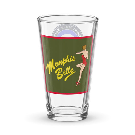 B17 Flying Fortress Memphis Belle nose art pint glass featuring iconic pin-up girl in red and green design - WWII aviation memorabilia gift for a veteran, pilot, or history buff.