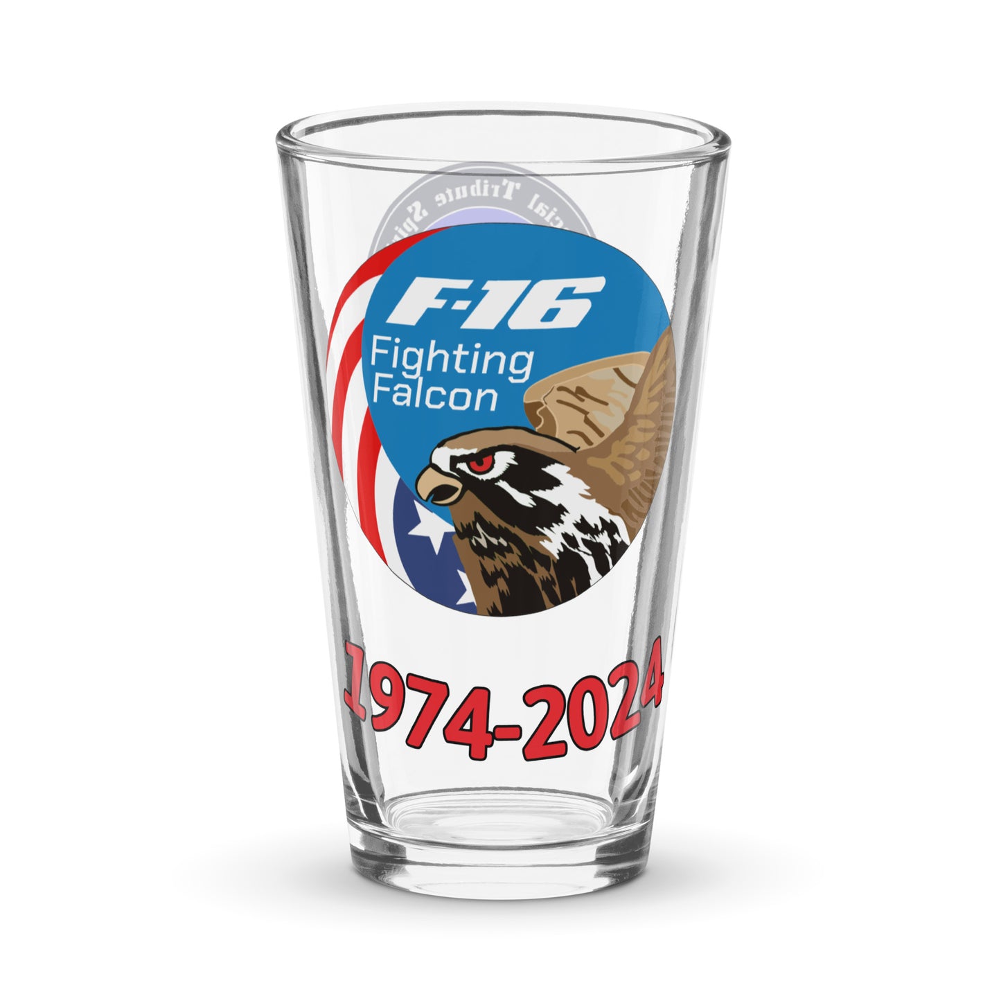 F-16 Fighting Falcon 50th anniversary (1974-2024) pint glass featuring mascot - aviation gift for pilots, veterans, and military collectors.