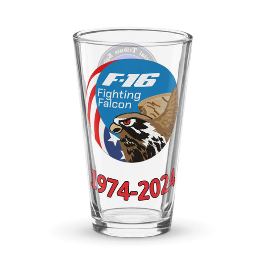 F-16 Fighting Falcon 50th anniversary (1974-2024) pint glass featuring mascot - aviation gift for pilots, veterans, and military collectors.
