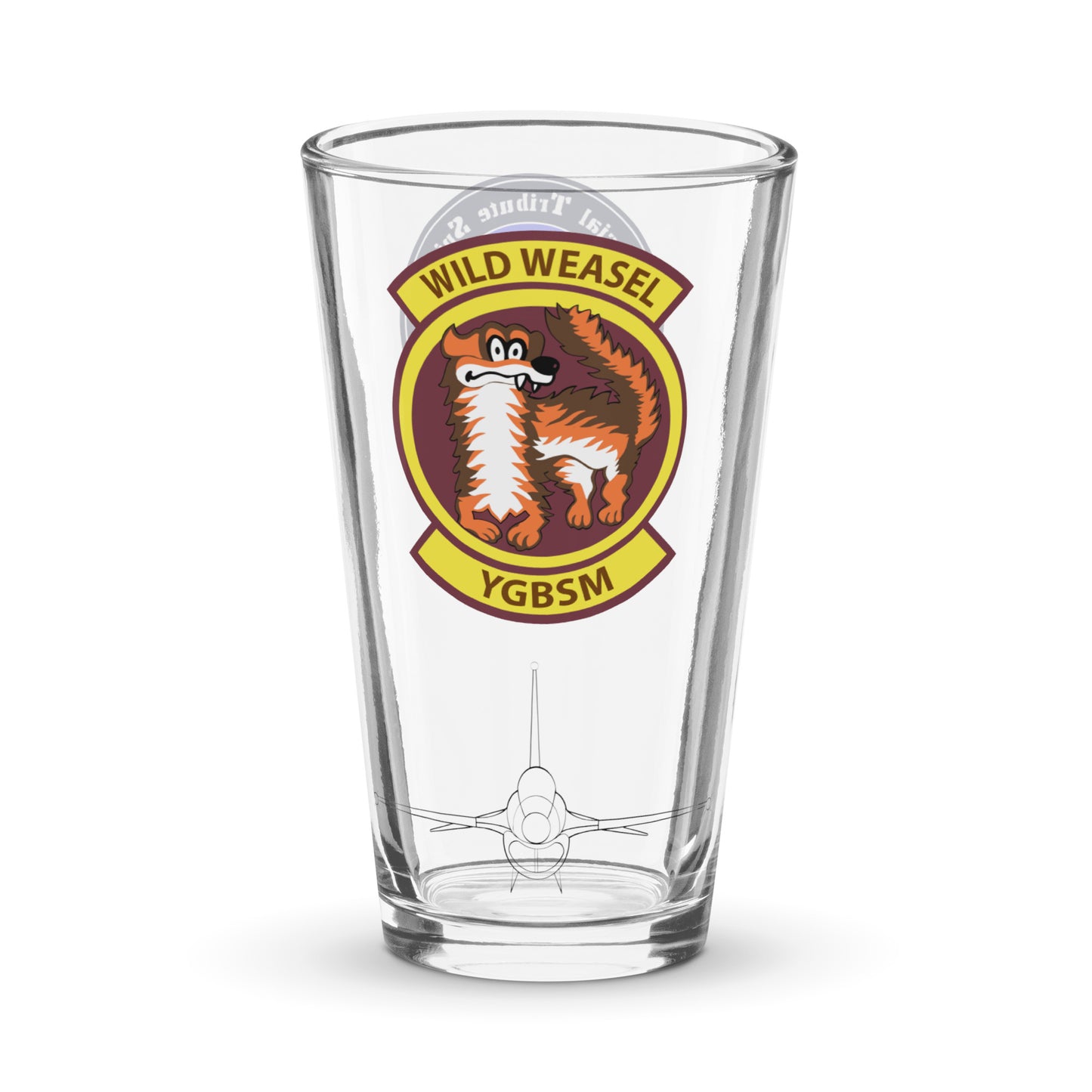 F-16 Viper beer glass featuring Wild Weasel YGBSM patch with weasel mascot and fighter jet silhouette - aviation gift for Air Force pilots and veterans
