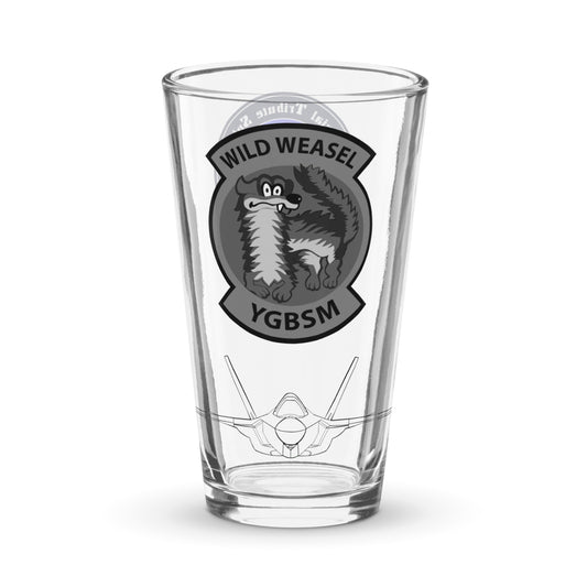 F-35 Lightning II pint glass featuring Wild Weasel YGBSM patch with weasel mascot and fighter jet silhouette - aviation gift for military pilots and veterans
