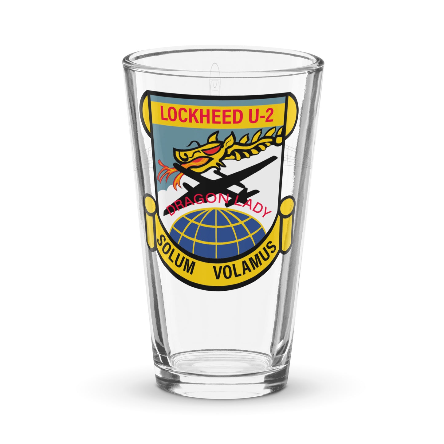 Lockheed U-2 Dragon Lady reconnaissance pint glass featuring high-altitude spy plane patch with dragon mascot and globe; a unique aviation gift for military pilots.