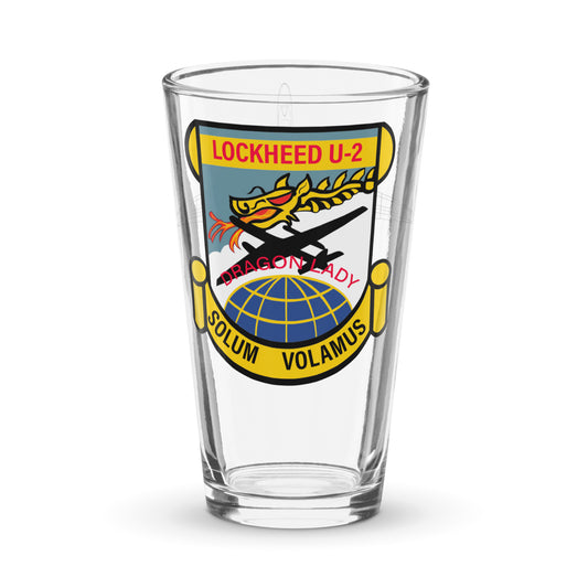 Lockheed U-2 Dragon Lady reconnaissance pint glass featuring high-altitude spy plane patch with dragon mascot and globe; a unique aviation gift for military pilots.