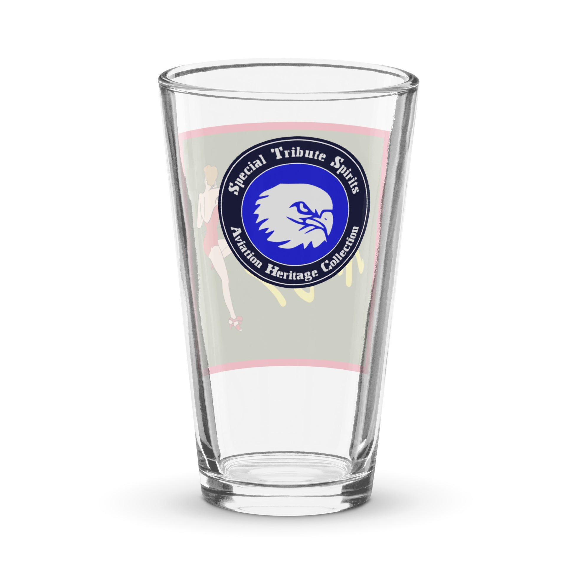 Special Tribute Spirits logo on B17 Flying Fortress Memphis Belle aircraft beer glass - WWII aviation memorabilia for military history collectors.
