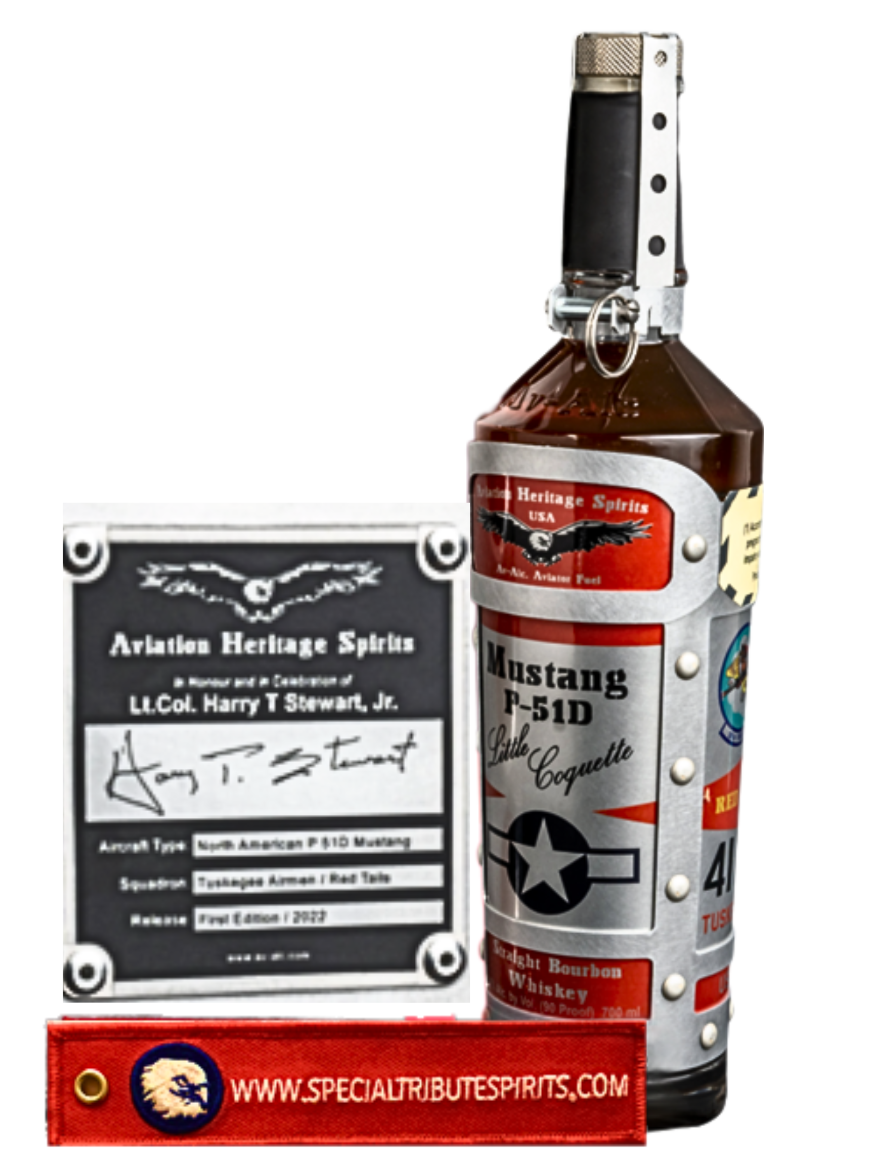 Special Tribute Spirits' "Little Coquette" Tuskegee Airmen P 51D decanter with official endorsement from Lt. Col. Harry T. Stewart, Jr. against a solid white background.