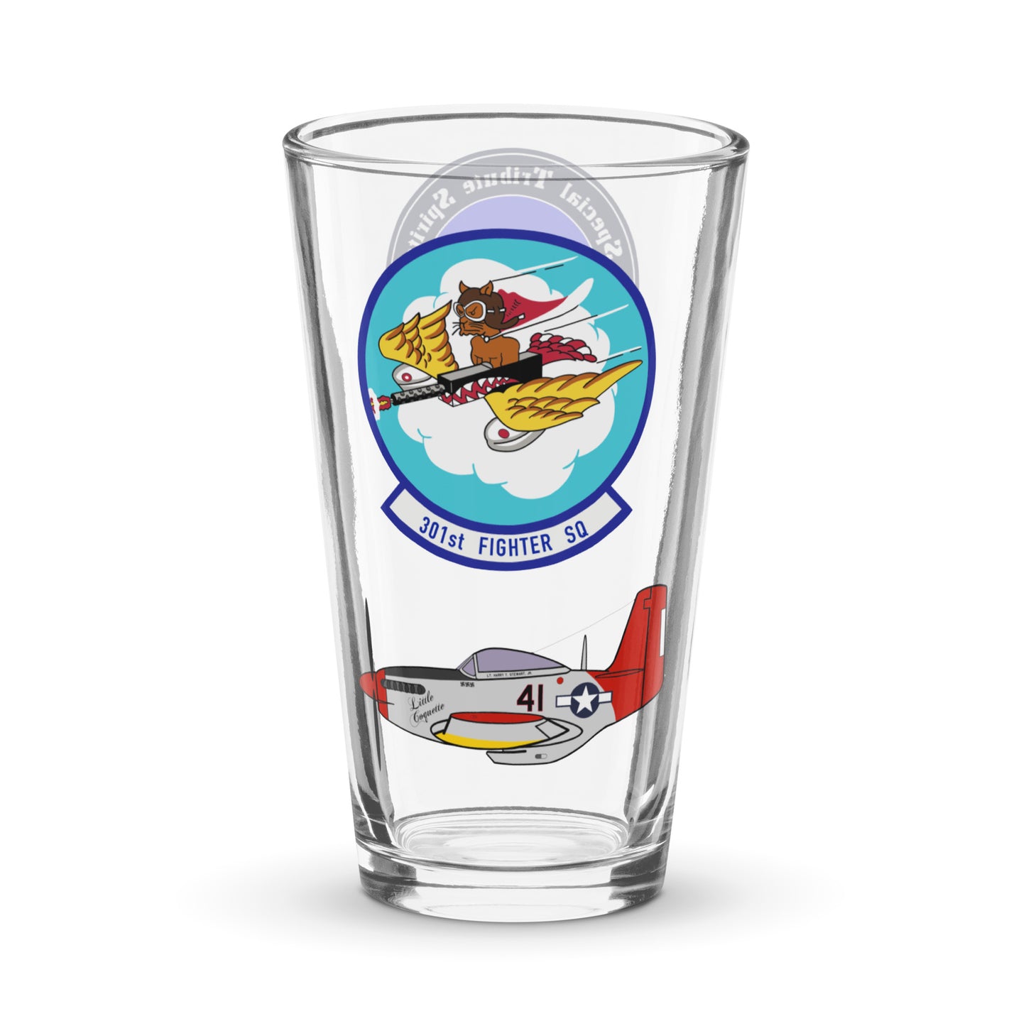 Tuskegee Airmen P-51 Mustang Red Tail pint glass featuring 301st Fighter Squadron insignia and Lt. Col. Harry Stewart's Little Coquette - WWII aviation gift for a veteran