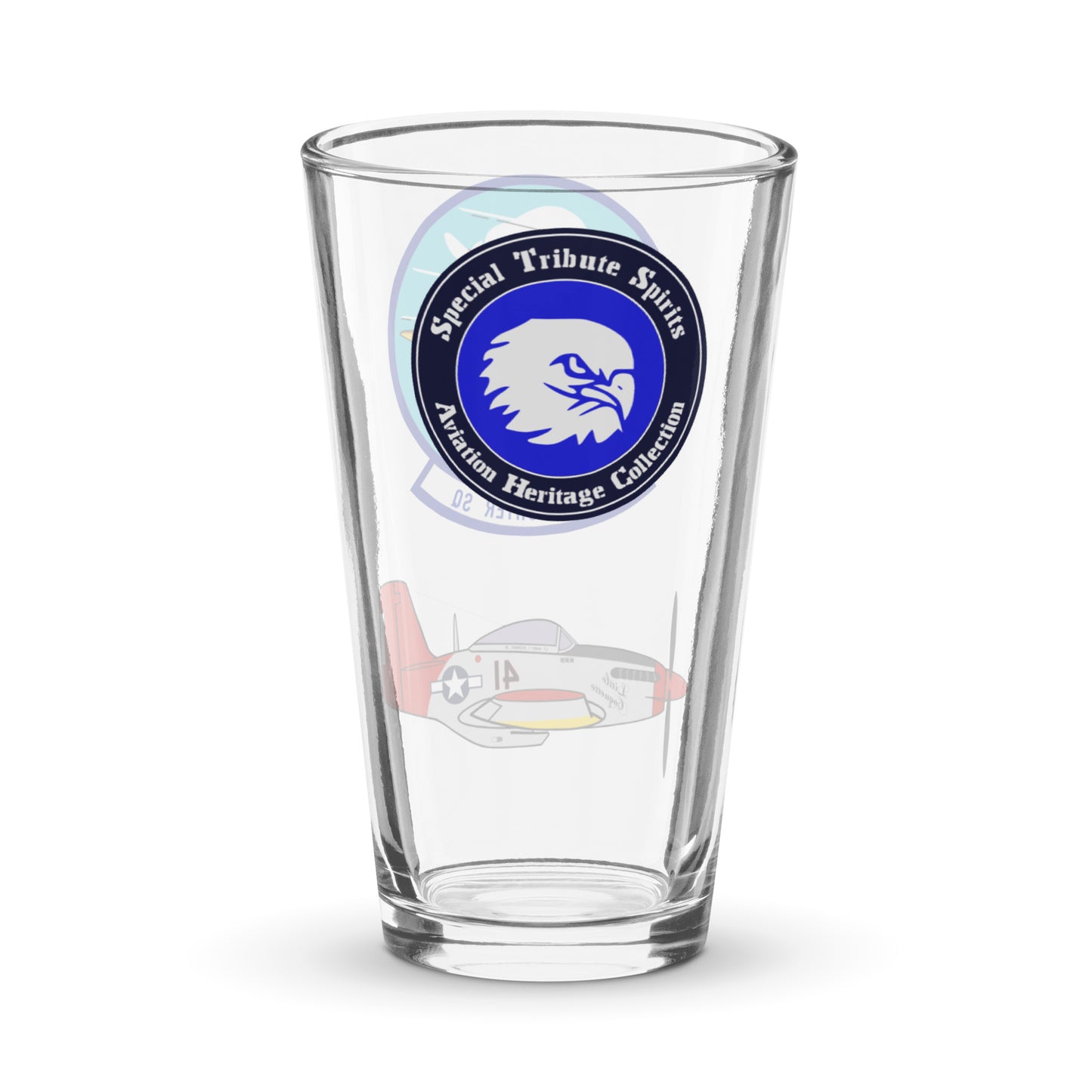 Special Tribute Spirits logo on Tuskegee Airmen P-51 Red Tail beer glass - military aviation memorabilia gift for collectors and pilots.