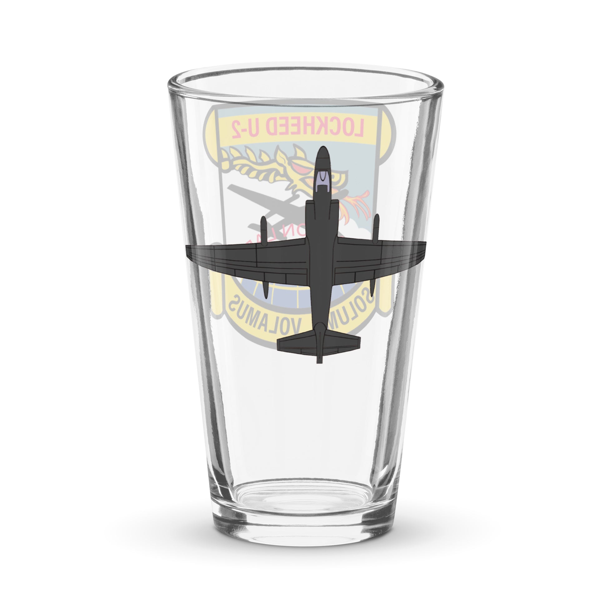 U-2 Dragon Lady reconnaissance aircraft silhouette on pint glass - high-flying U.S. spy plane aviation memorabilia gift for military history collectors
