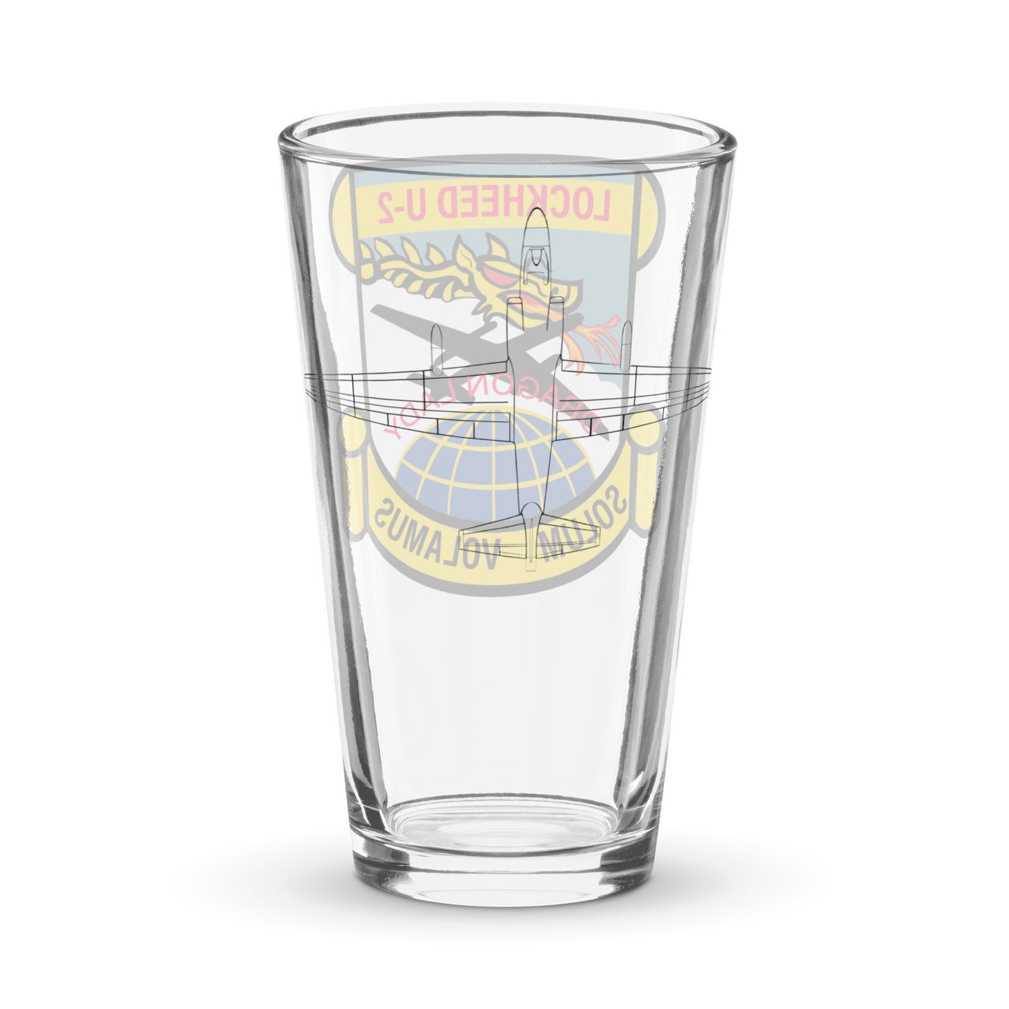 U-2 Dragon Lady aircraft silhouette on reverse of pint glass; high-flying Cold War spy plane aviation memorabilia gift.