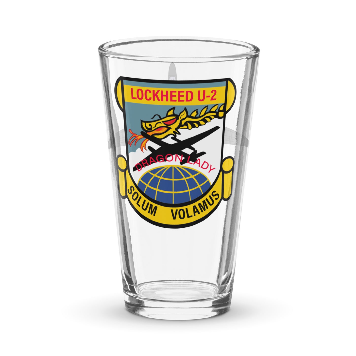 Lockheed U-2 Dragon Lady spy plane pint glass featuring high-altitude reconnaissance patch with dragon mascot - unique aviation gift for veterans and pilots