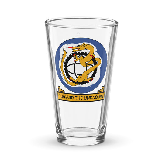 U-2 spy plane "Toward the Unknown" patch pint glass featuring high-altitude reconnaissance insignia. Unique aviation gift ideas for pilots and veterans.